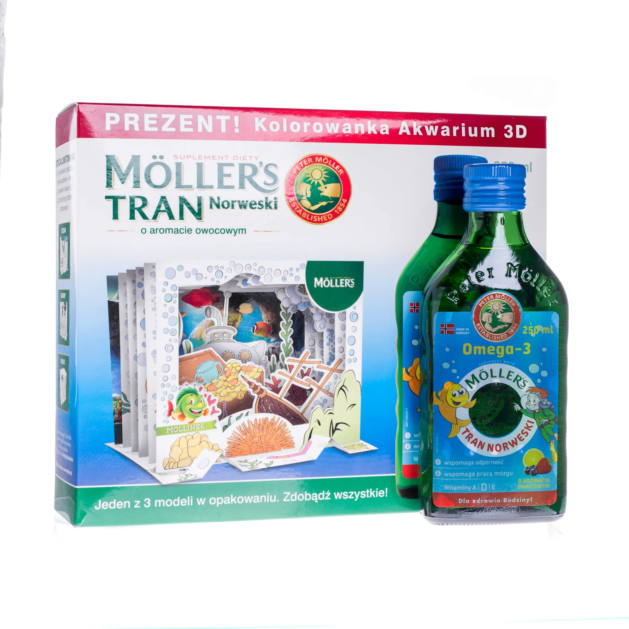 Moller's Tran Norweski o aromacie owocowym + akwarium 3D, 250 ml 