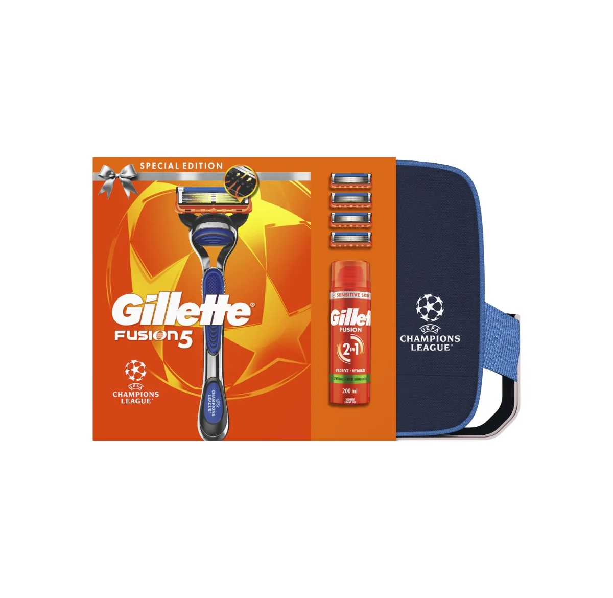 Gillette Fusion5 UEFA Champions League Special Edition Zestaw maszynka do golenia + 4 głowice + żel do golenia, 200 ml