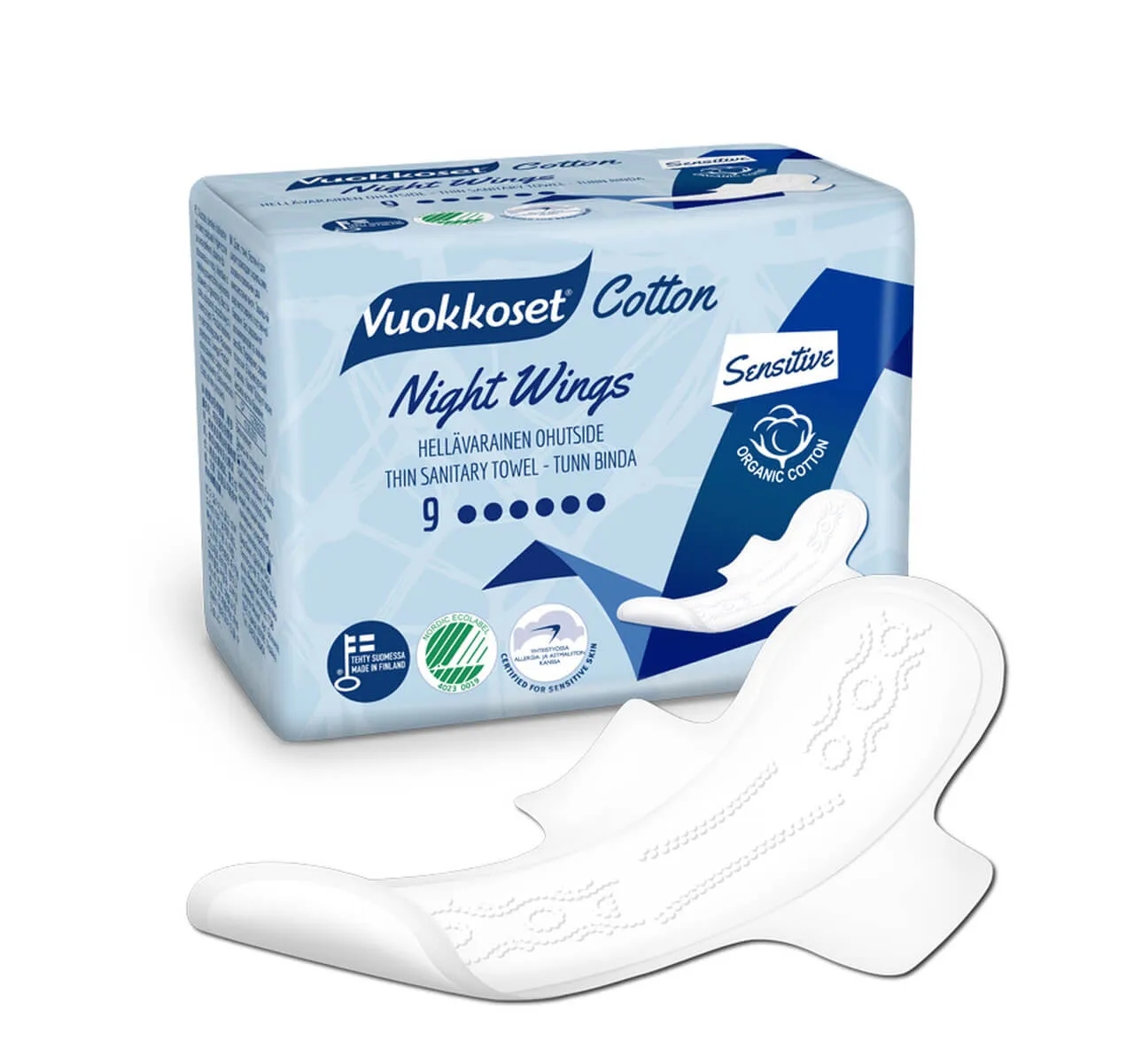 Vuokkoset Cotton Night Sensitive, podpaski ze skrzydełkami na noc, 9 sztuk