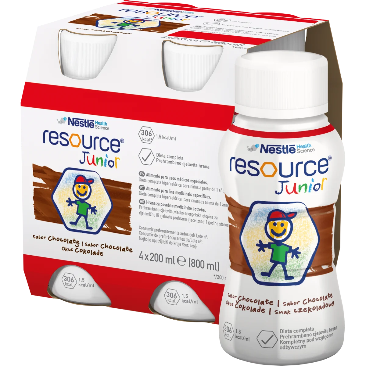 Resource Junior odżywczy preparat w płynie dla dzieci po 1. roku życia o smaku czekoladowym, 4 x 200 ml