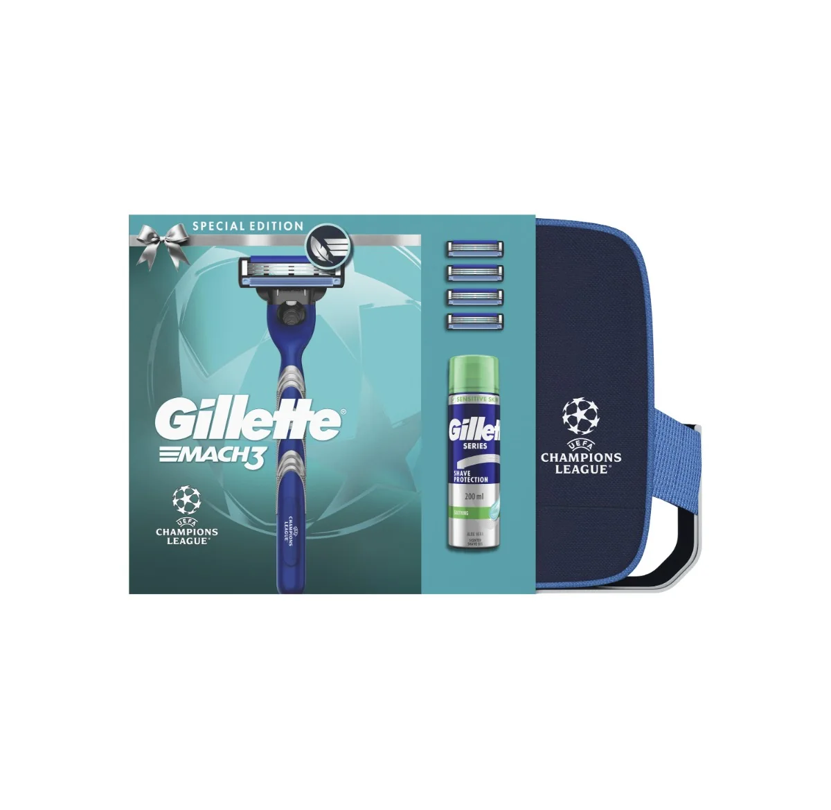 Gillette Mach3 UEFA Champions League Zestaw męska maszynka do golenia + żel do golenia, 200 ml + kosmetyczka