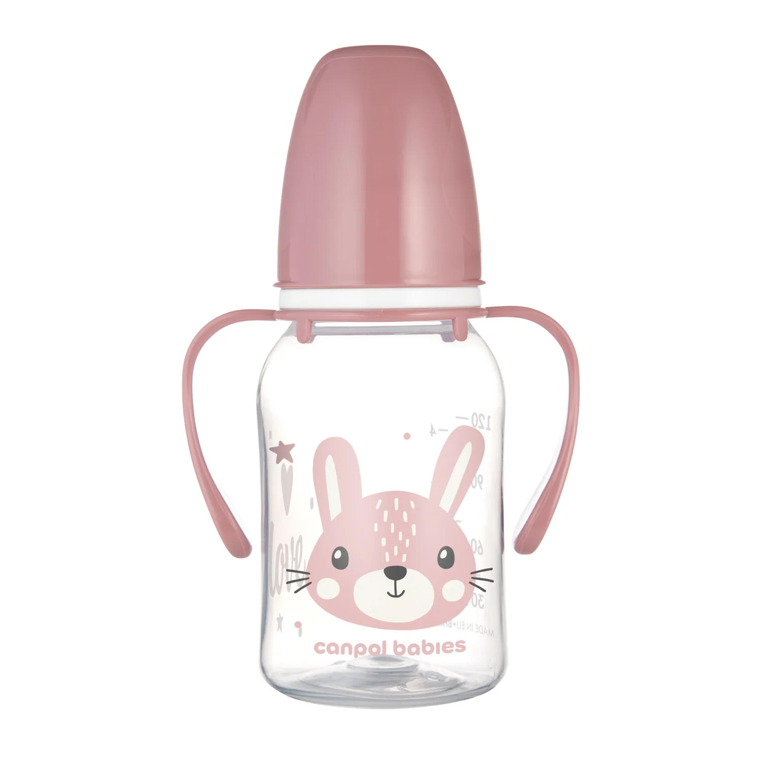 Canpol Babies CUTE ANIMALS różowa butelka z uchwytami 120 ml, 1 sztuka
