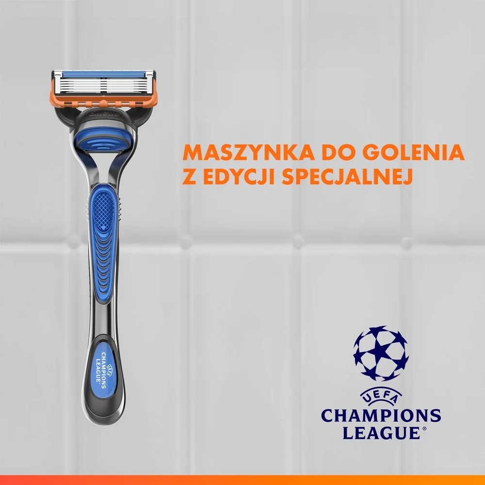Gillette Fusion5 UEFA Champions League Special Edition Zestaw maszynka do golenia + 4 głowice + żel do golenia, 200 ml