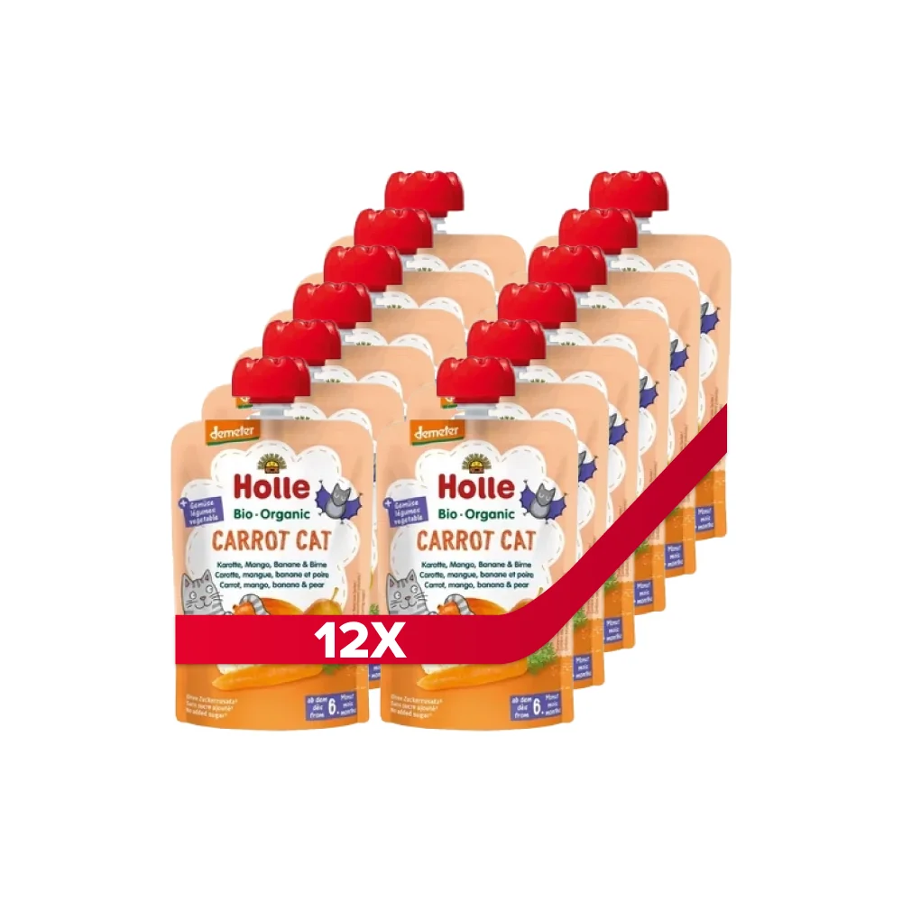 Holle BIO Carrot Cat mus marchewkowy Kotek z marchewki, mango, banana i gruszki dla niemowląt powyżej 6. miesiąca życia, 12 x 100 g