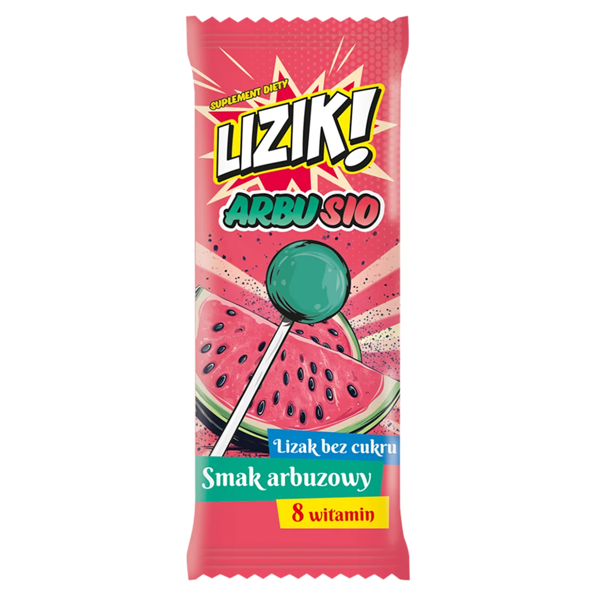Lizik! Arbusio lizak bez cukru o smaku arbuzowym, 1 sztuka