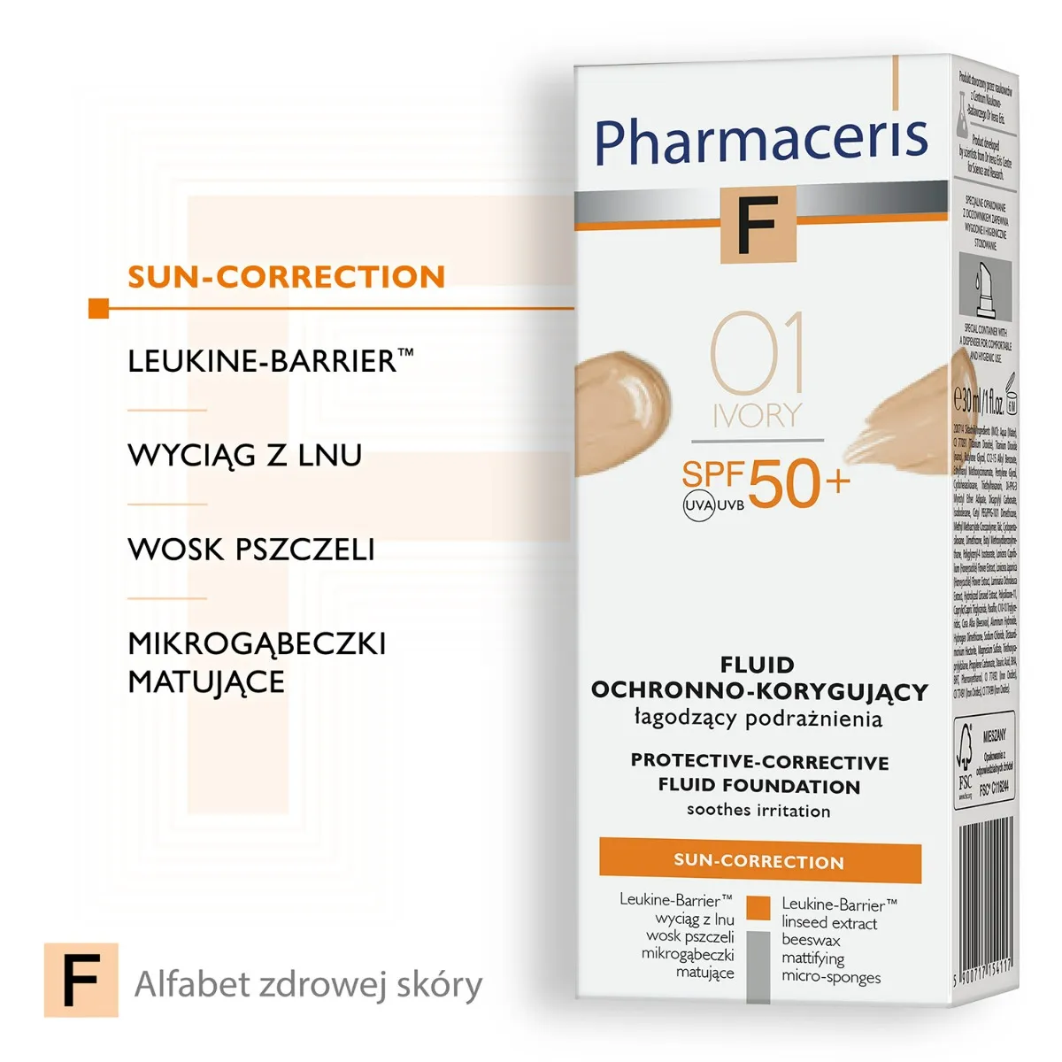 Pharmaceris F, Fluid ochronno-korygujący łagodzący podrażnienia 01 Ivory / SPF 50+ / 30 ml 